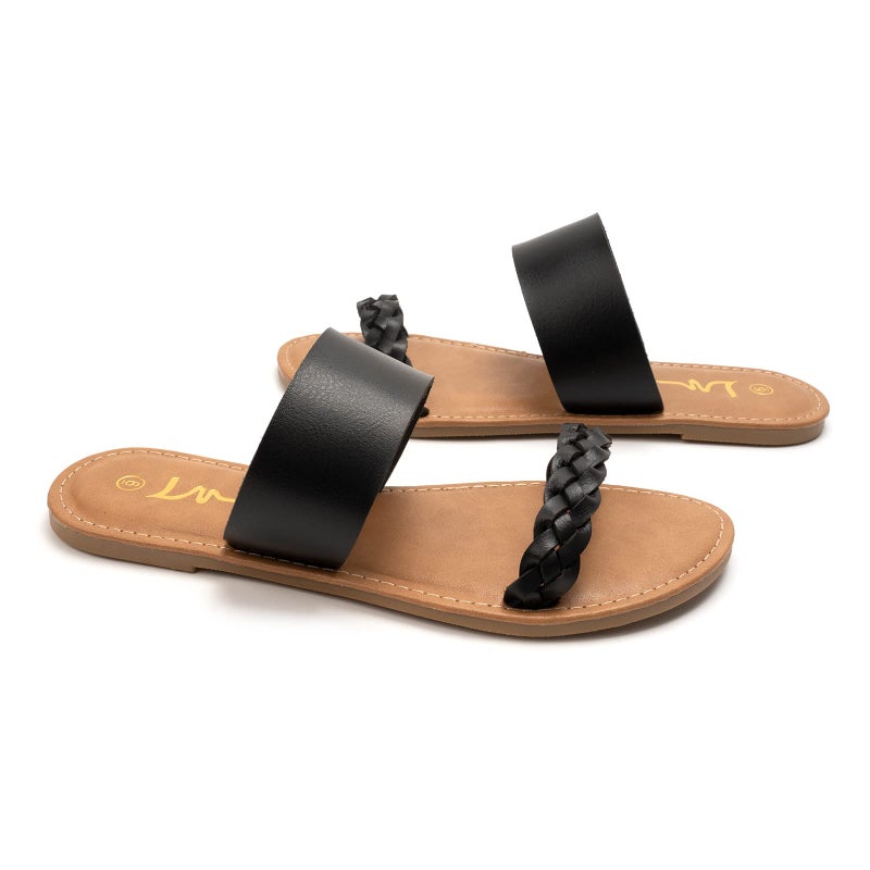 LM Women's Braided Slide Sandals Open Toe Two Strap Slip On Flat Sandals Casual Summer Shoes (8, Black) - Image 5